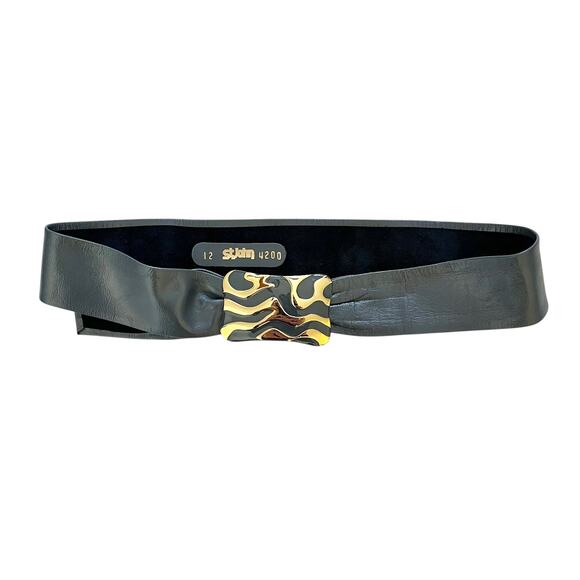 St John Vintage Gray Leather Gold-Tone Abstract Buckle Statement Cinch Belt - Picture 1 of 6